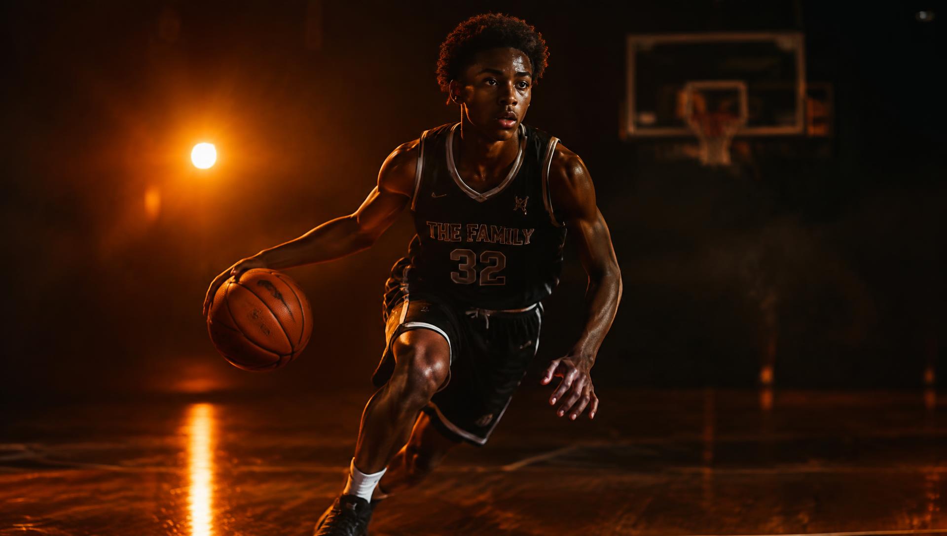 Young basketball player dribbling on an indoor court